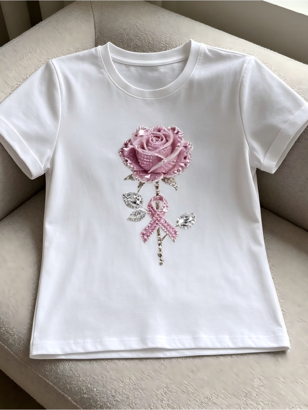 Light Luxury Style Pink Rose Print White T-Shirt for Women Men T-shirt Unisex
